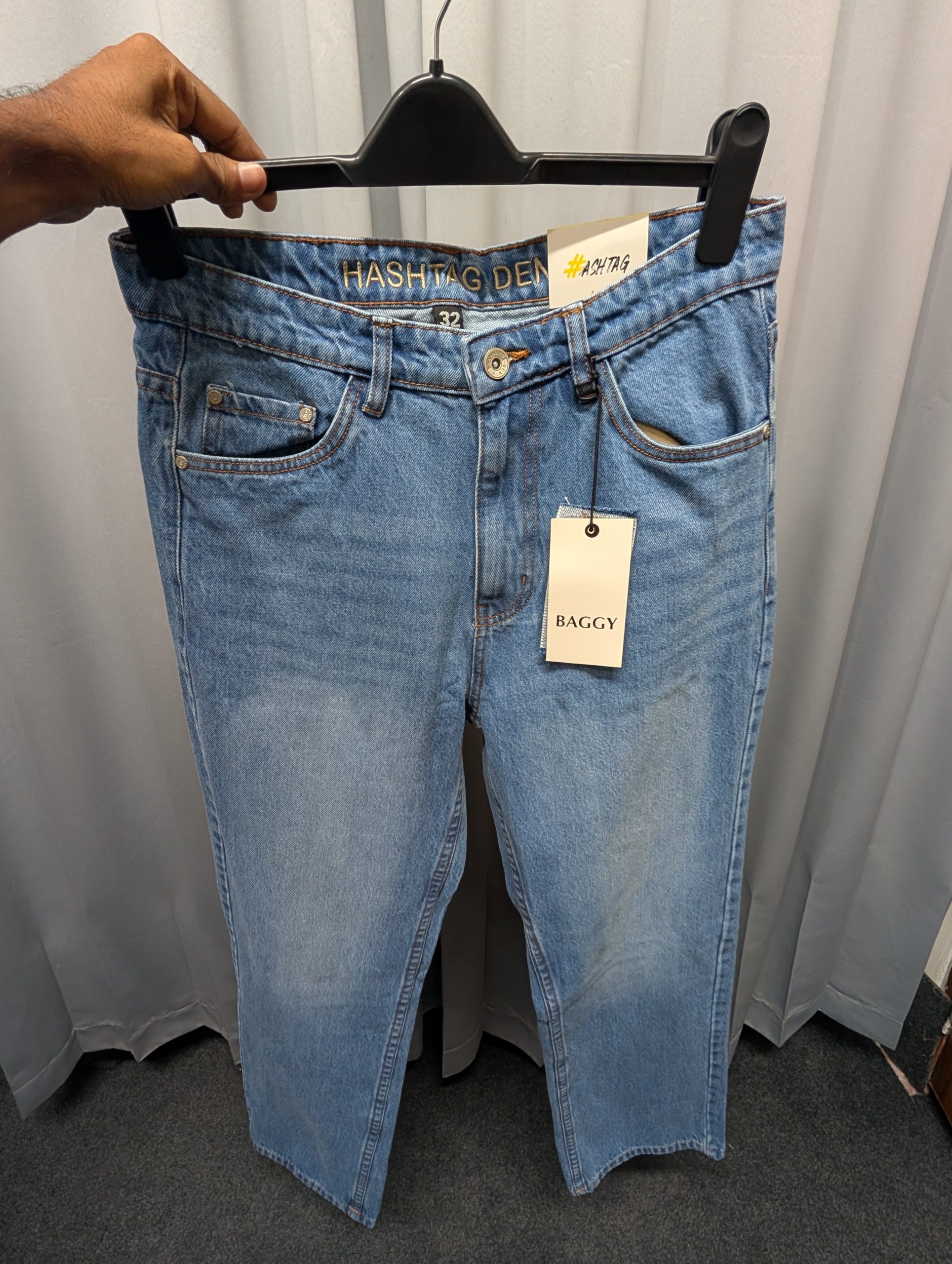 HashTag Semi Baggy Denim Pants - Mid Blue Wash - Image 3
